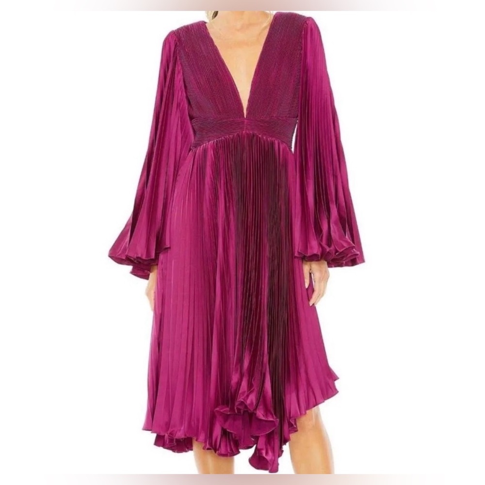 Mac Duggal Magenta Plunge V-Neck Pleated Midi Dress